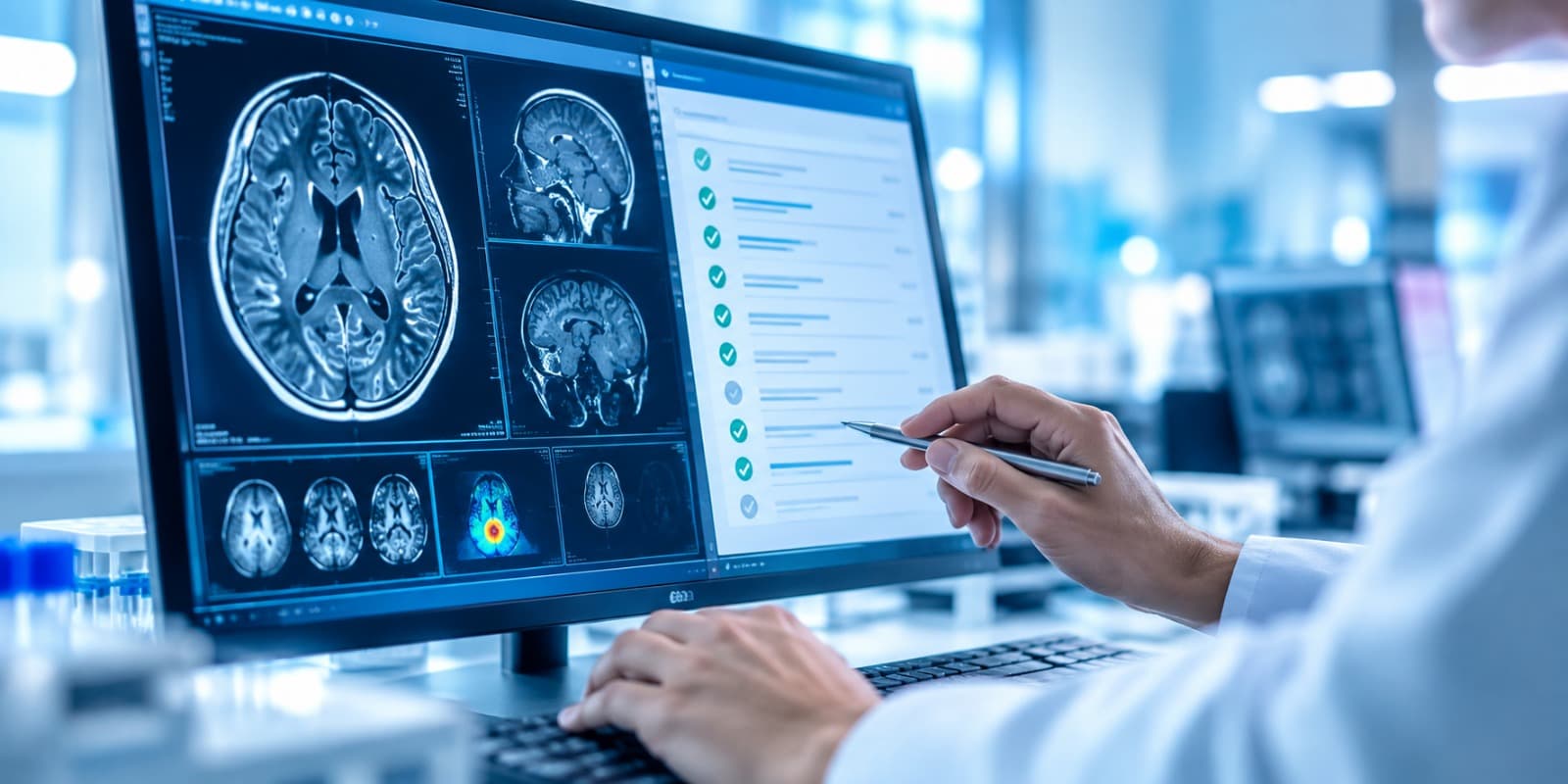 Clinician reviewing a brain MRI scan
