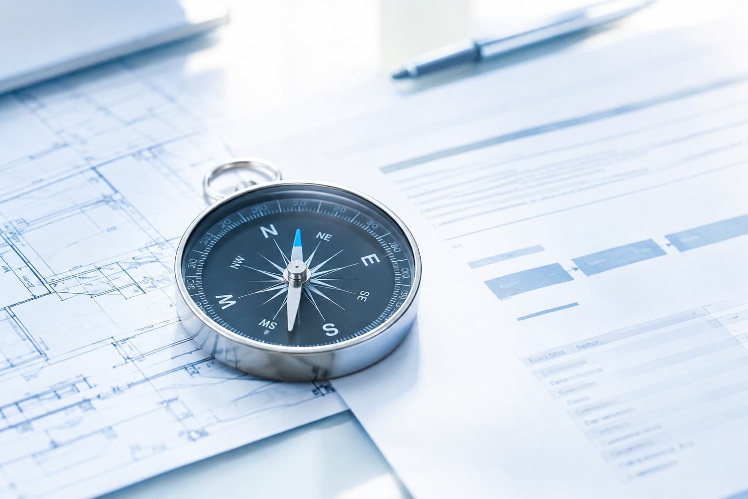 Compass resting on a strategy blueprint