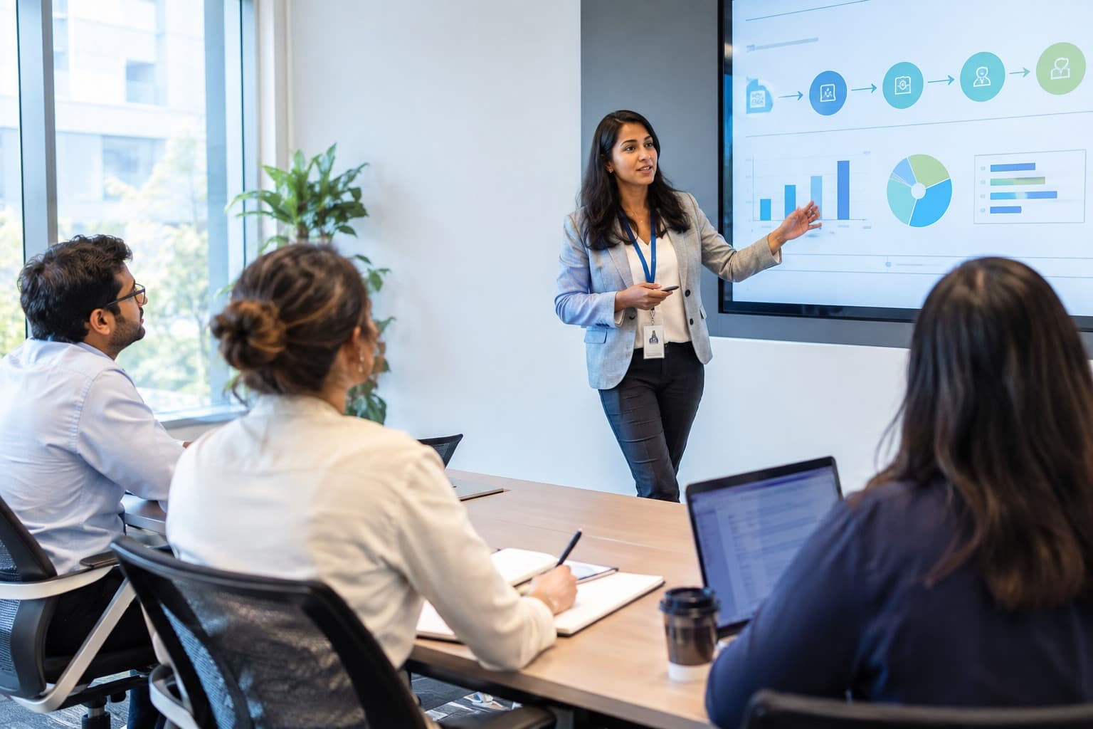 Presenter walking a team through data charts