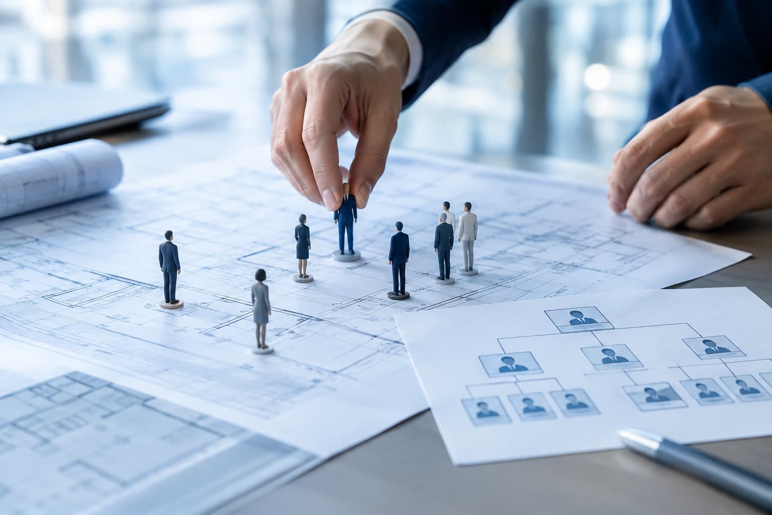 Team structure planning figures on a board